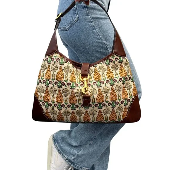 GUCCI Vintage Jackie Pigna Pineapple Jacquard Shoulder Bag Brown Yellow [106290] - Picture 3 of 13